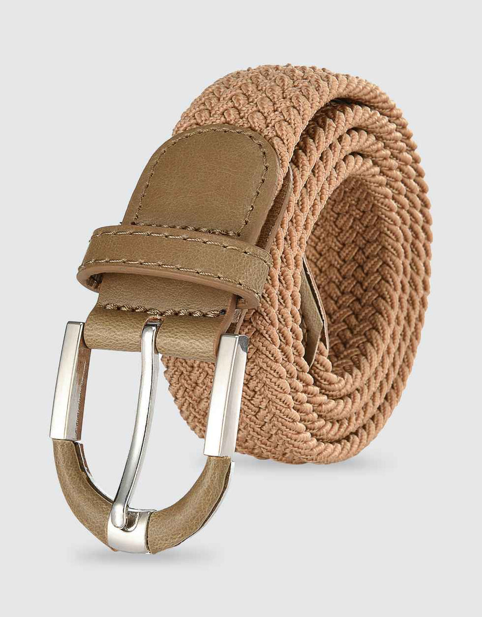 Italian Mini Strand Woven Stretch Leather Casual Belt in Tan Multi