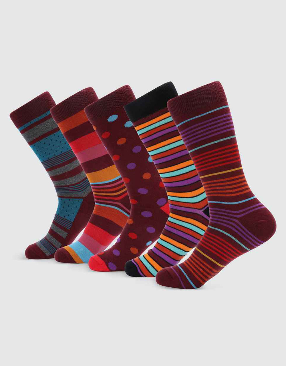 Men's Groovy Designer Dress Socks 5 Pack, 10-13 / Morning Maroon