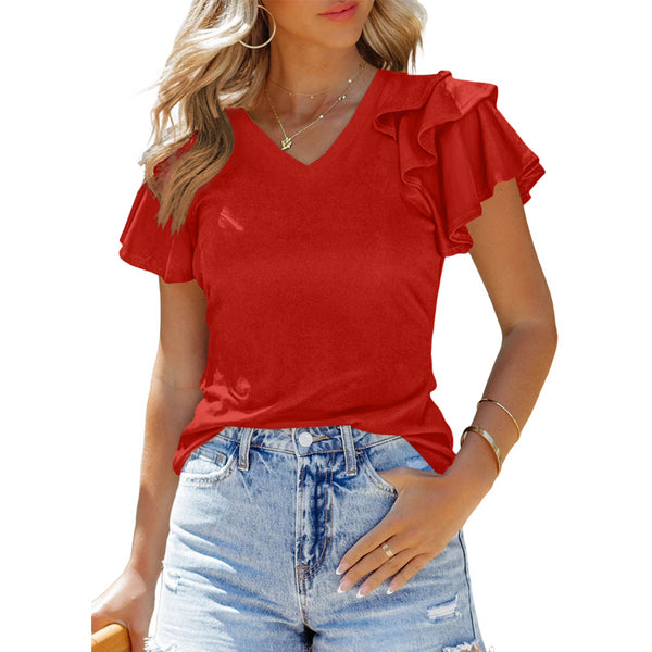売れ筋商品|||セセ カットソー トップス レディース Women's Short Ruffled Sleeve Solid V-Neck Blouse Calypso Coral Sexyshine Women's Ruffle Short Sleeve V Neck Blouse Tops